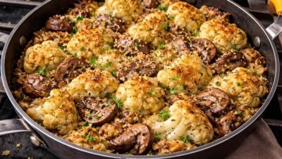 The translation for "Garlic Mushroom Cauliflower Skillet" in natural Brazilian Portuguese would be "Frigideira de Couve-Flor com Cogumelos e Alho."