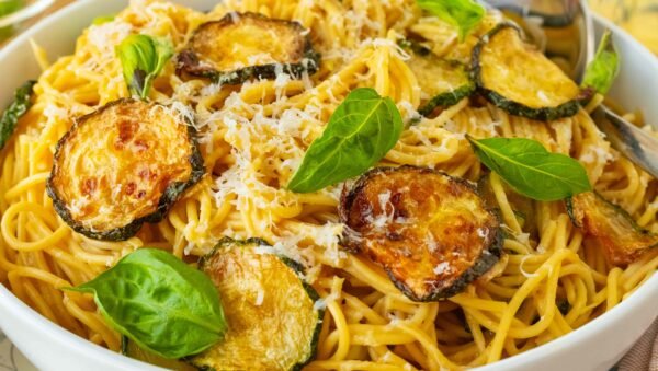 The recipe title "Spaghetti Alla Nerano (Zucchini Pasta)" can be translated to natural Brazilian Portuguese as: "Espaguete à Nerano (Massa de Abobrinha)".